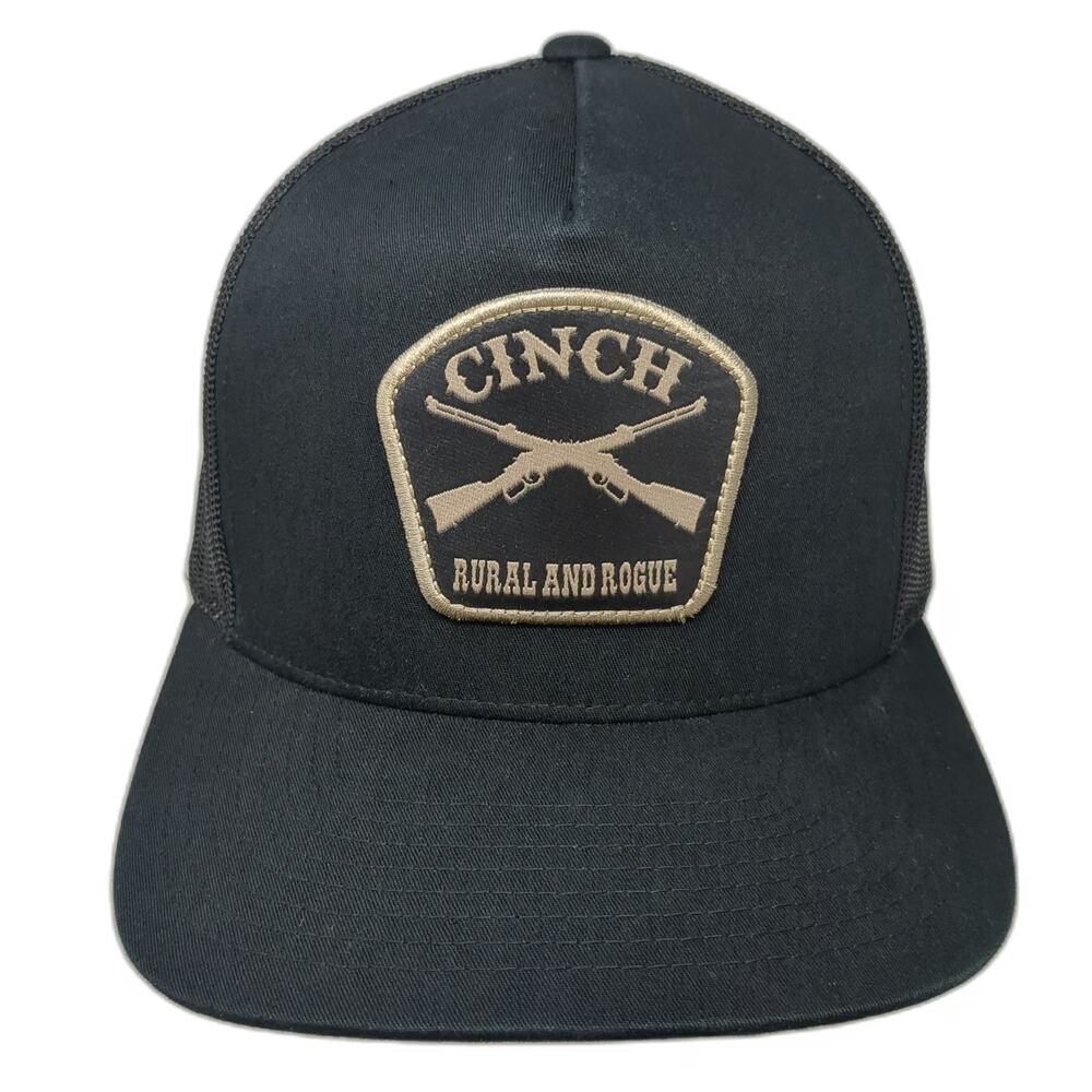 Cinch Trucker Hat Black One Size Mesh Back Rural and Rogue Crossed Rifles Patch